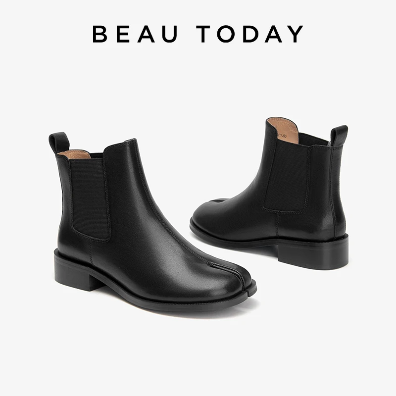 BEAUTODAY تشيلسي أحذية النساء جلد البقر الحقيقي شريط مرن سبليت تو حذاء من الجلد الانزلاق على أحذية السيدات اليدوية 03716