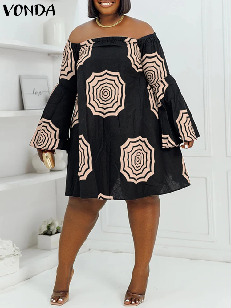 Plus Size 5XL VONDA Women Mini Dress Summer Off Shoulder Bohemian Floral Printed Casual Vestidos Vintage Long Flare Sleeve Robe