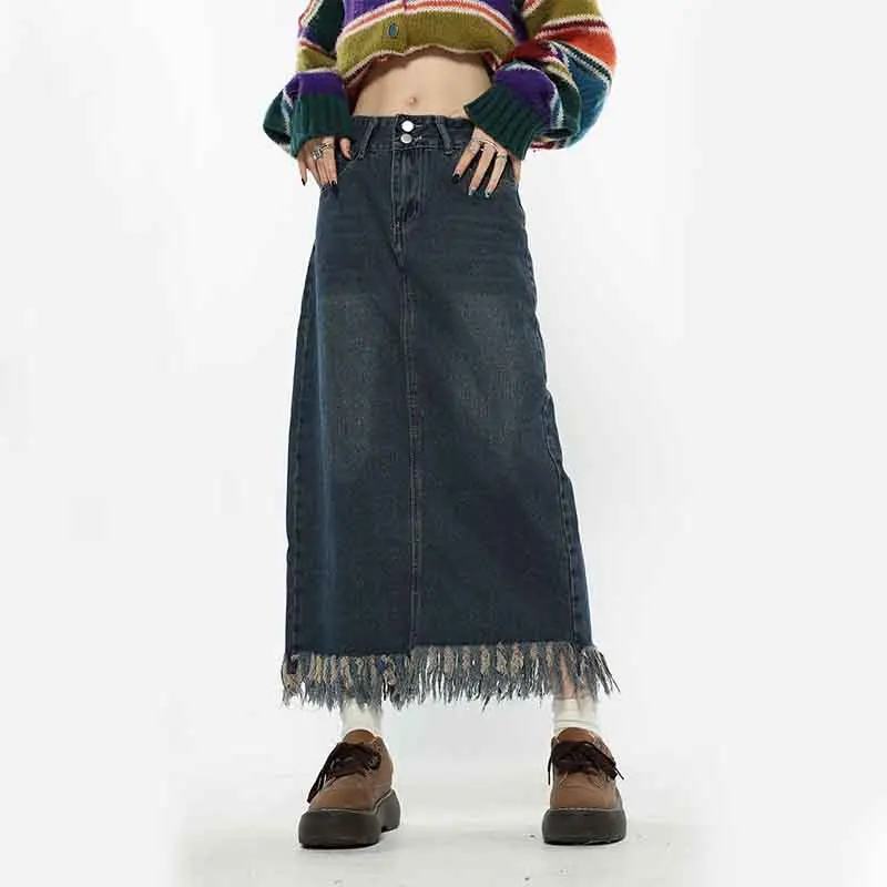 Women Blue Tassel Denim Skirt Fall Winter High Waist Streetwear Slit Casual Midi Skirt Korean Vintage Baggy Preppy A Line Skirt