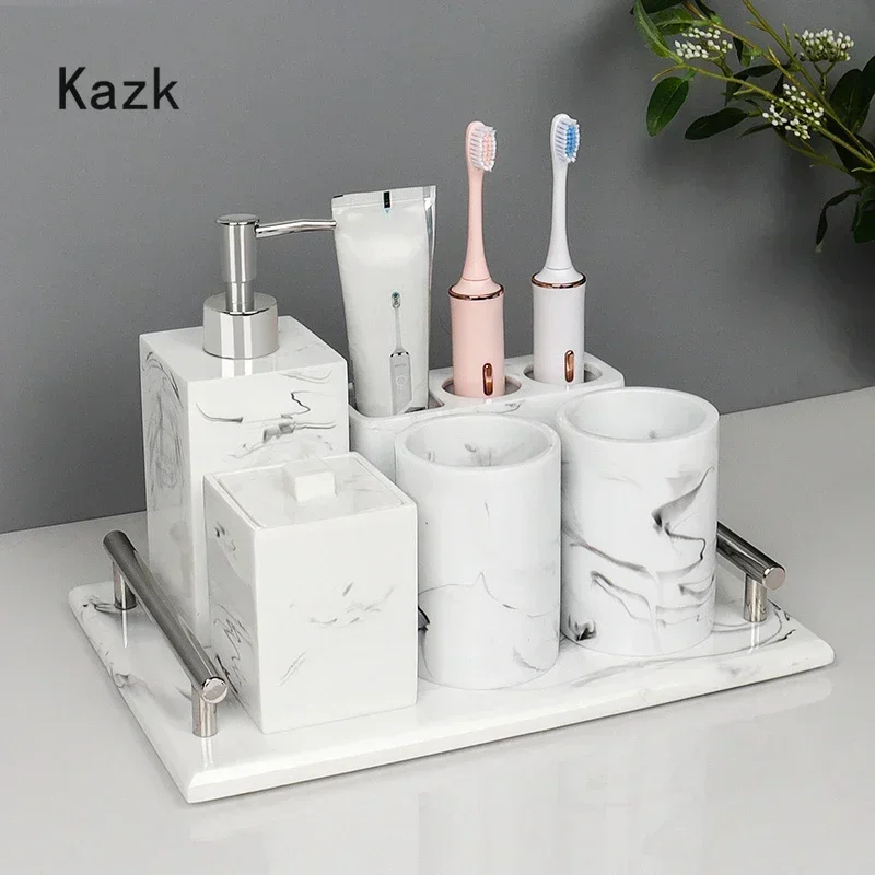 Luxurious White Ink Resin Bathroom Decoration Accessories Upscale 5 Piece Toothbrush Holder Shower Accessories Storage Tray