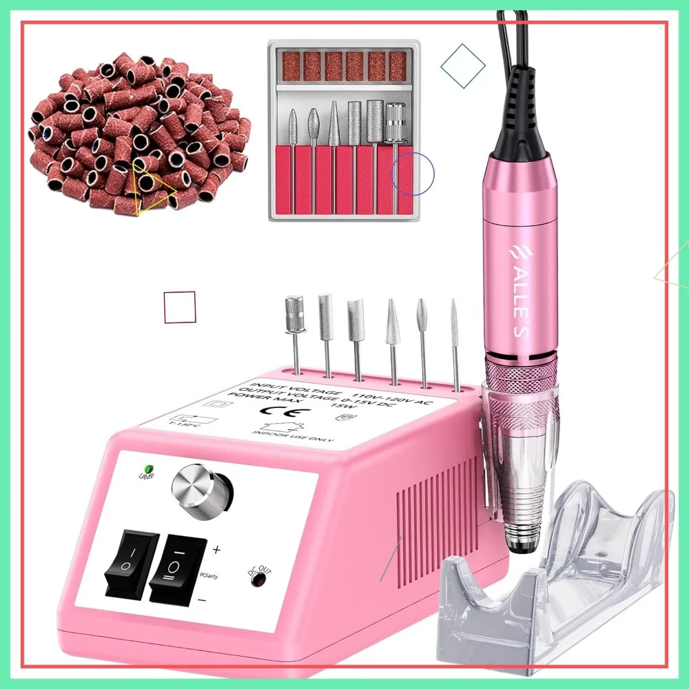 Kit Profissional de Broca Elétrica para Unhas 30000 RPM com 6 Brocas e 106 Bandas de Lixamento para Unhas de Acrílico e Gel - Manicure e Pedicure - Rosa