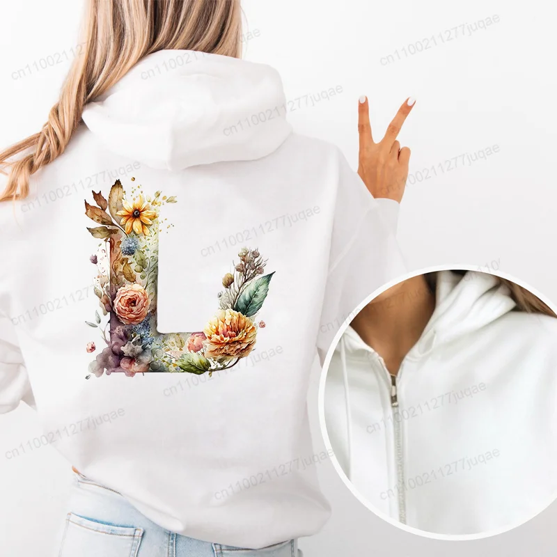 ألوان مائية زهرة نباتية حرف A ~ Z جرافيك موضة زمم هوديي المرأة الخريف Harajuku Y2K الملابس الإناث البلوز السترات #4