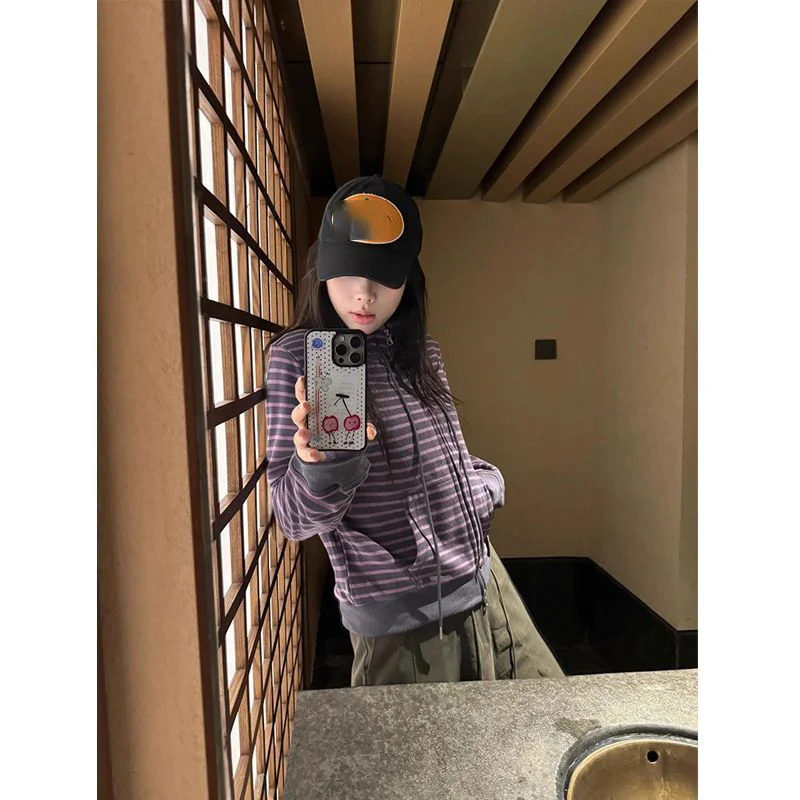 

Topenomi фиолетовый полосатый свитшот с двойной молнией, женский осенне-зимний свободный повседневный свитер с воротником-стойкой, топ Y2k, уличная одежда в стиле гранж