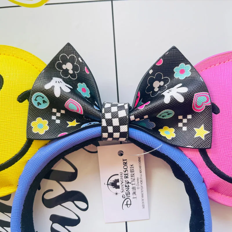 2024 New Disney Mickey Ear Embroidered Smiling Face Leather Headband Disneyland Hair Band Minnie Mouse Hair Accessories Bag