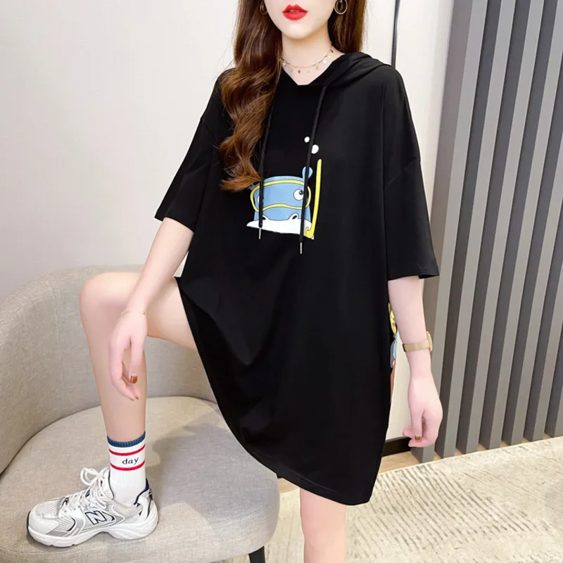 #0603 Black White Purple Hooded T Shirt Women Cotton Cartoon Printed T Shirt Short Sleeves Loose Long Streetwear T-shirt Summer