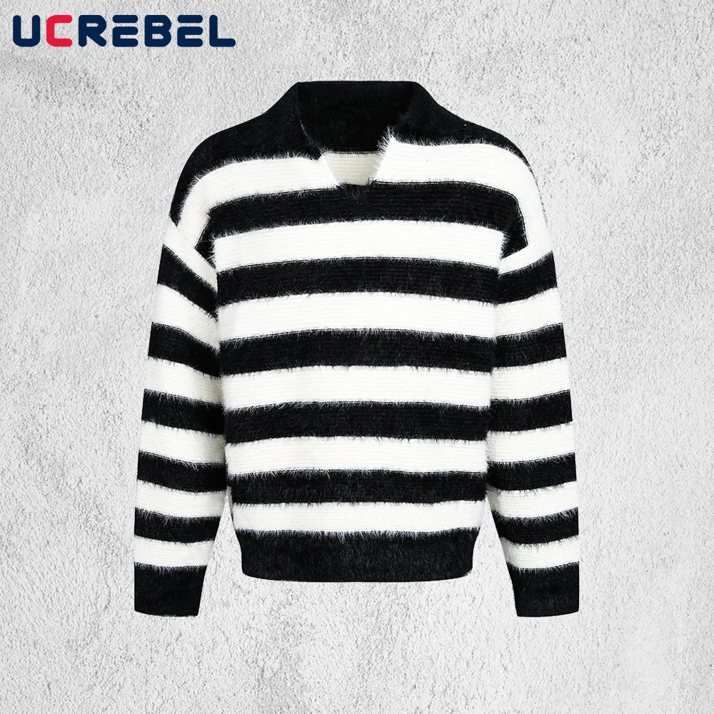 

Широкий полосатый свитер, мужской осенне-зимний уличный свободный вязаный пуловер с длинными рукавами и v-образным вырезом, мужской