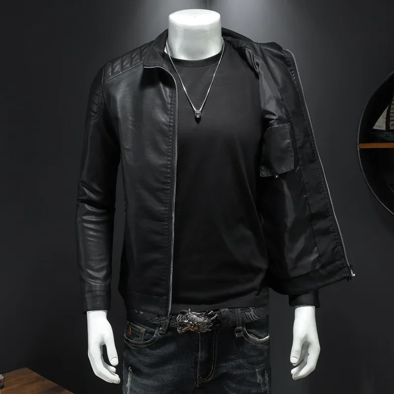 Jaqueta de couro casual com gola alta masculina, versão coreana fina, roupa de homem bonito, moda, nova, 2024