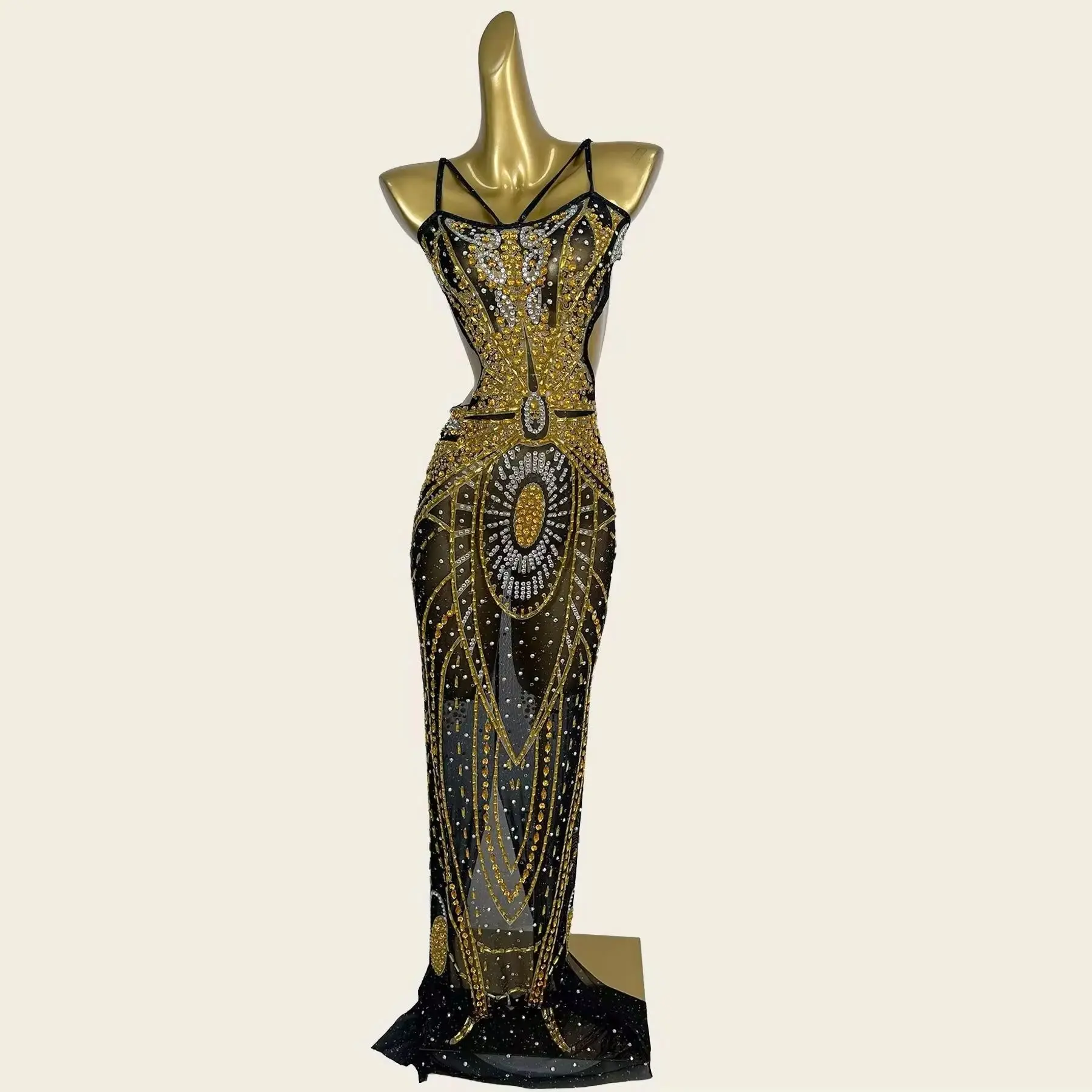 Sparkly Rhinestone Black Mesh Maxi Dress with Sheer Panel Design Floor-Length Hem Club Stage Formal Sexy Event Gown Heijinxian