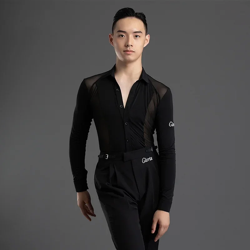Chemise de danse de salon pour hommes, Costume de spectacle en maille, vêtements de danse modernes, vêtements de pratique latine de valse