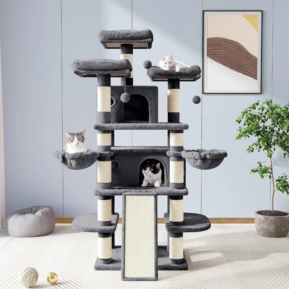 68 Inches Cat Tree House with Condo, Scratching Post,, Multi-Level Towers for Cats - Smokey Grey