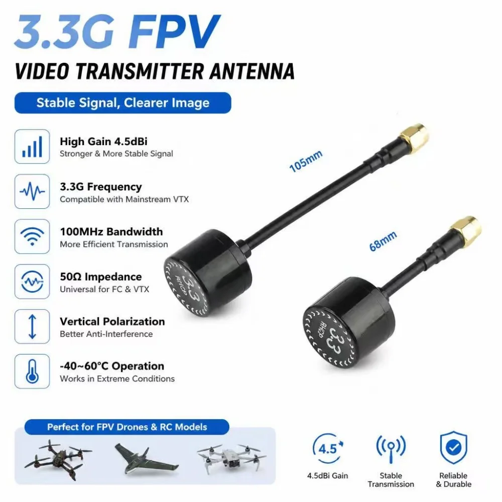 3,3G Videoübertragungsantenne / FPV-Antenne, 68mm/105mm, 100MHz Bandbreite, Geeignet für FPV-Drohnen und UAVs usw.