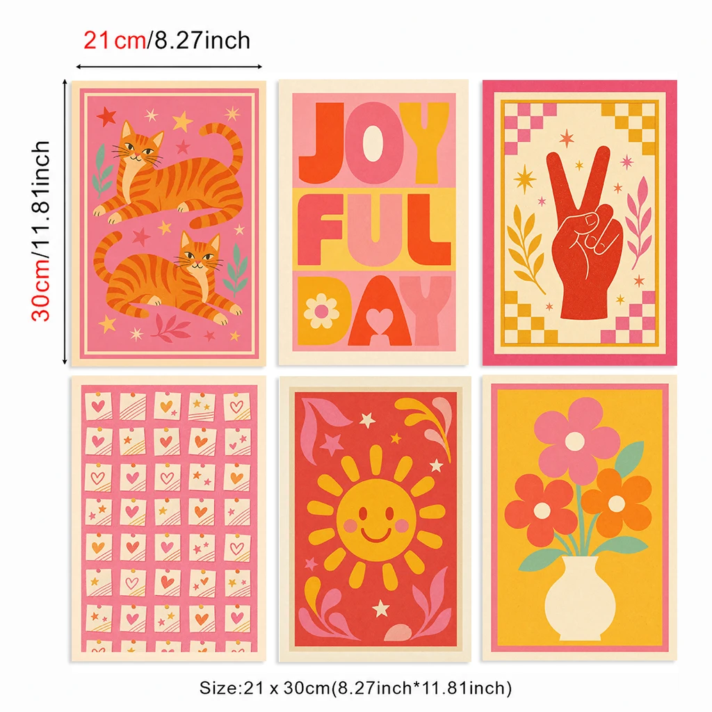 Set of 6 Retro Pink Canvas Wall Art Prints Cat Joyful Day Peace Hand Flower Abstract Posters Girls Bedroom Home Decor Gifts