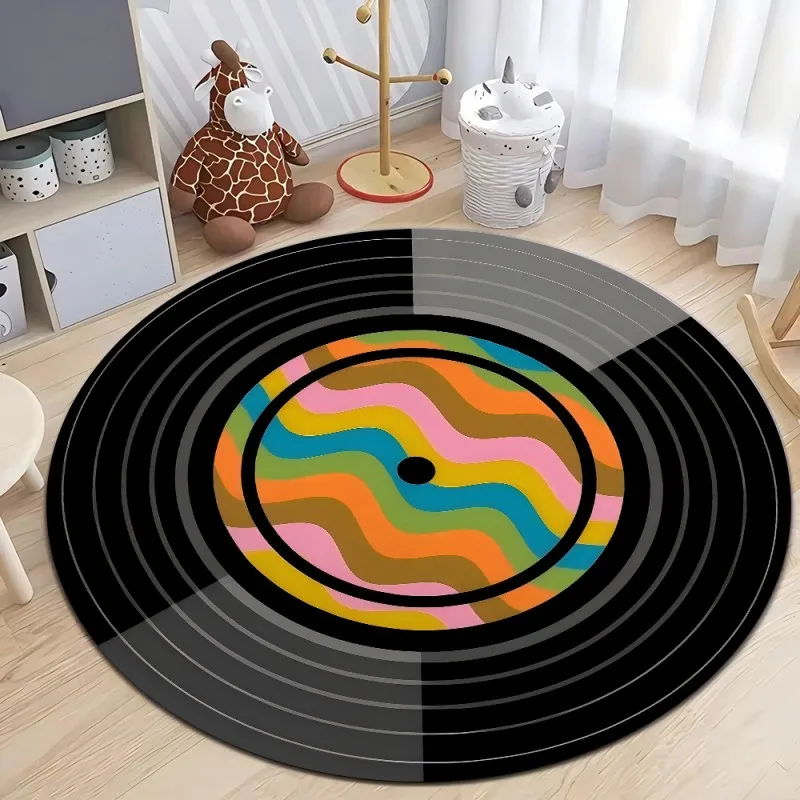 Vintage Retro Vinyl Record Disk Print Round Floor Mat, Classic Music‑Inspired Art Rug, Non‑Slip for Home Interior Ornament