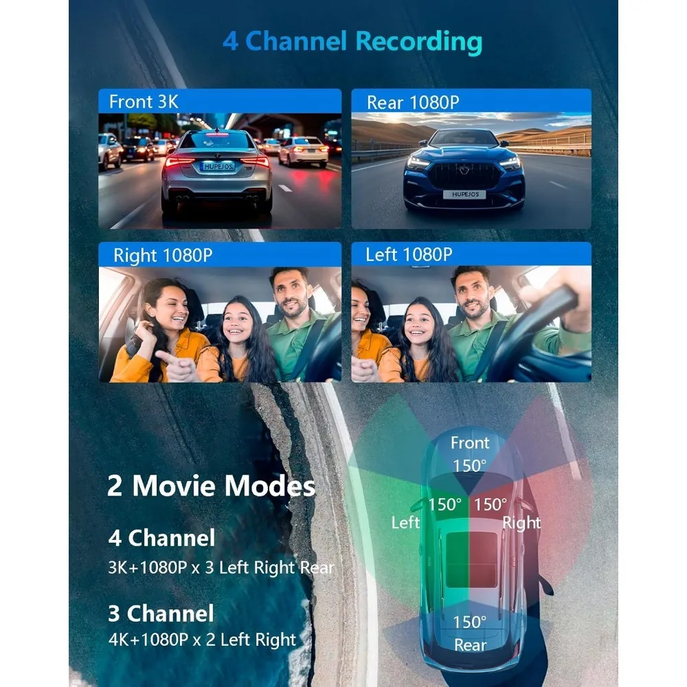 شعبية - كاميرا داش AI أمامية وخلفية مع نظام مراقبة السائق، 360 درجة °   كاميرا سيارة 4K، كاميرا 4 قنوات للسيارات مدمجة بنظام WiFi GPS