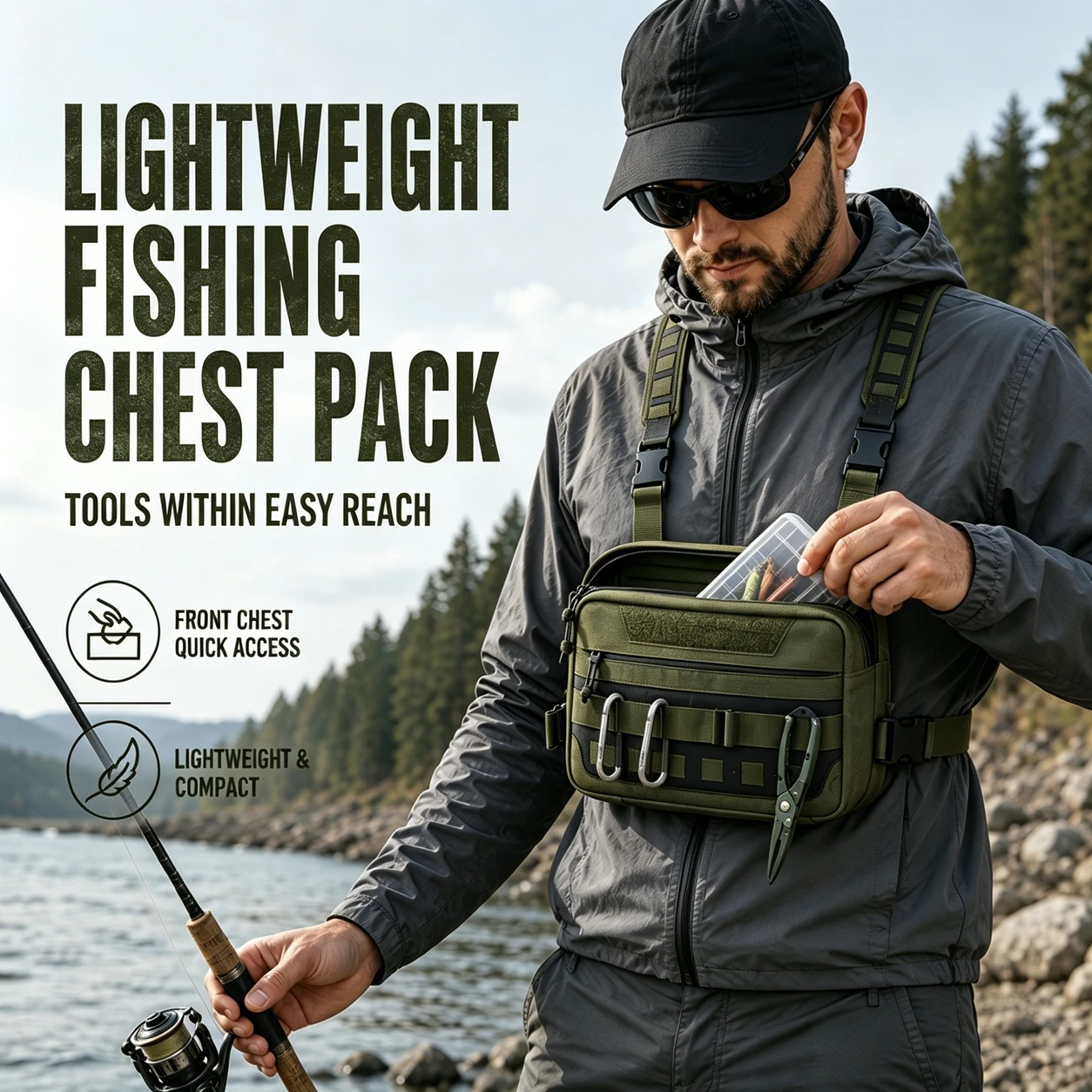 

Chest Bag Fishing Waist Bag Fishing Quick Access Lure Fishing Bag Outdoor MOLLE Tackle Bag for Hiking Camping Cycling