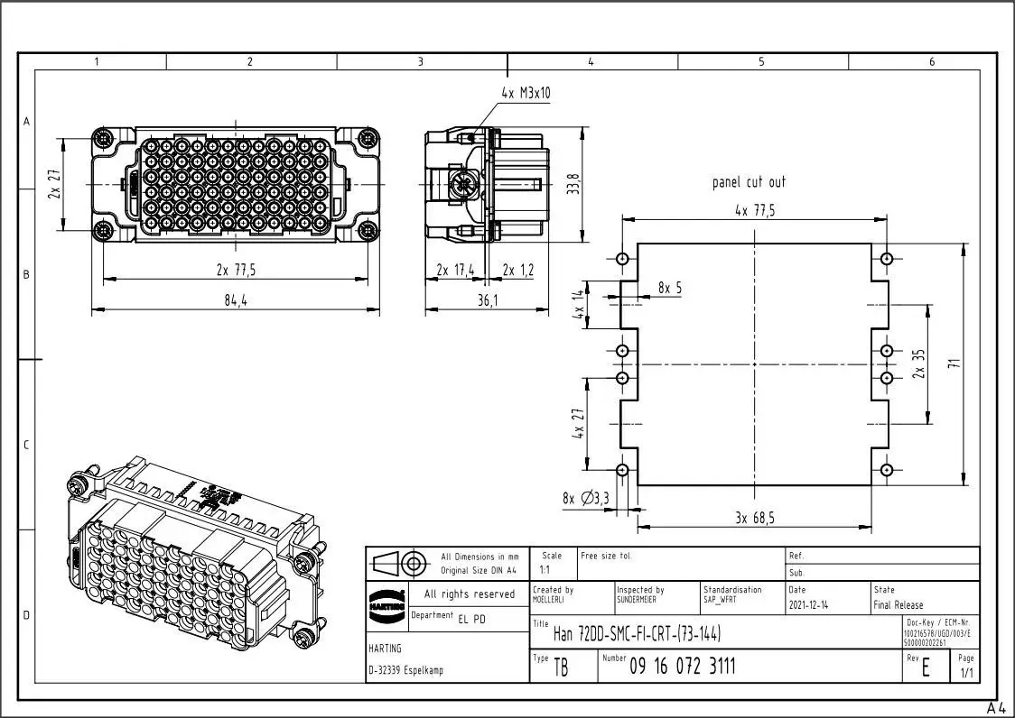 09160723111 HARTING HAN DD series for 73-144 contacts receptacle