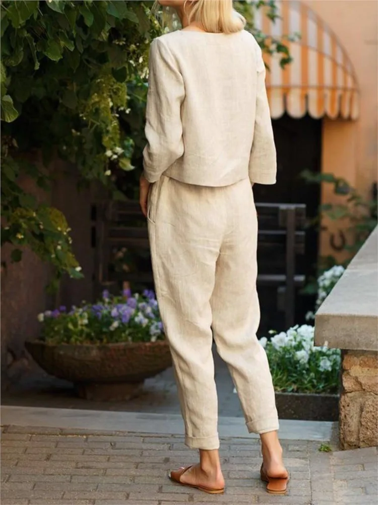 Linen Sets For Women 2 Pieces Fashion Solid Color Long Tops Pants Sets 2024 Sping Autumn Two Piece Set Women Outfit