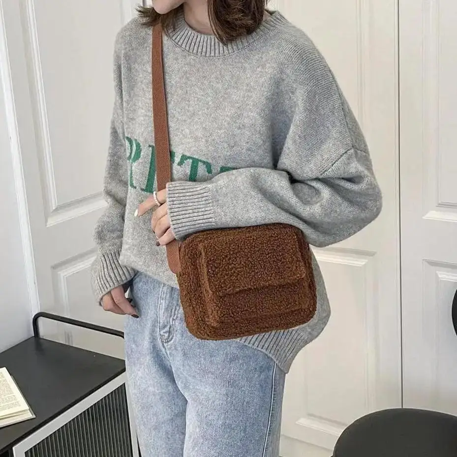 1 Pcs New Winter New Arrival Goat Hair Casual Square Crossbody Bag Fashion Solid Color Teddy Fleece Fur Bag Small Crossbody Bag