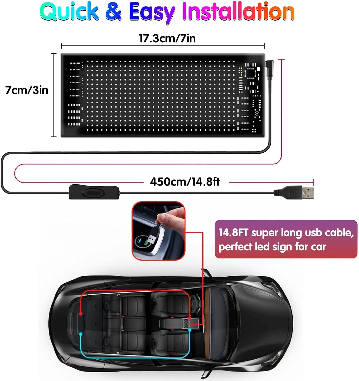 LED Matrix Pixel Panel LED Message Display for Car USB 5V Scrolling Sign Animations Text, Bluetooth APP Control Flexible Screen