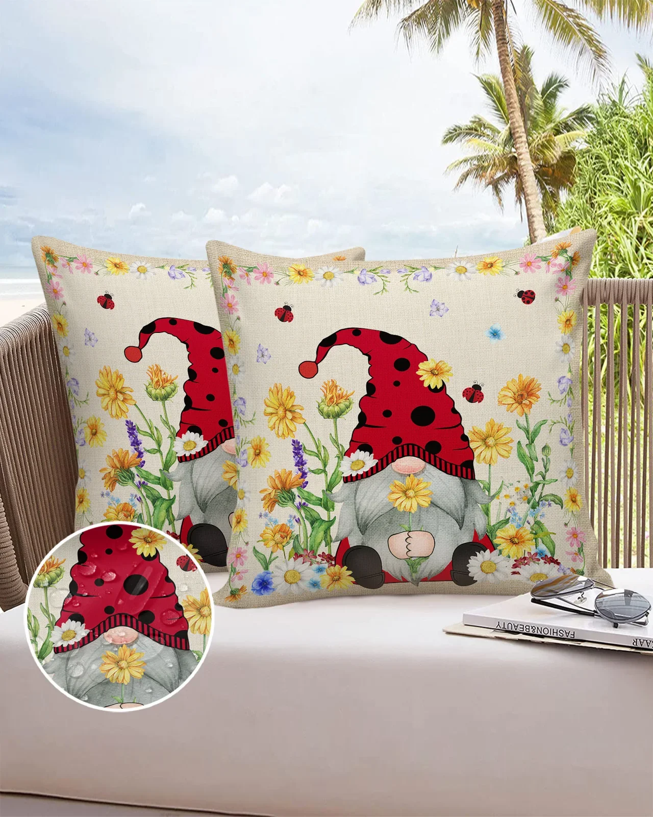 Summer Daisy Seven Star Ladybug Gnome Waterproof Pillowcase Sofa Cushion Case Home Decor Bed Pillow Cover Car Cushion Cover