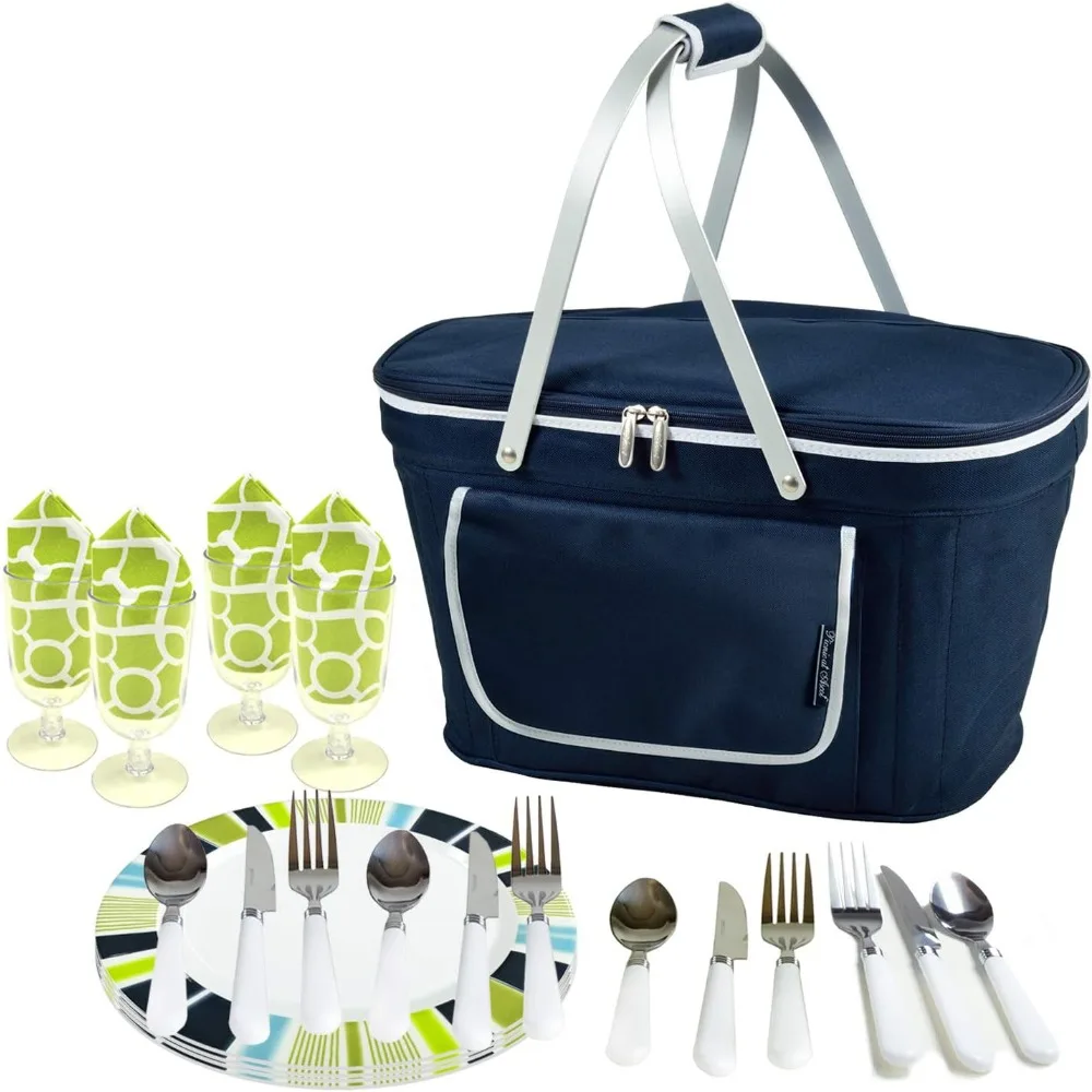 Patented Collapsible Insulated Picnic Basket Equipped with Service for 4- Designed and Assembled in USA