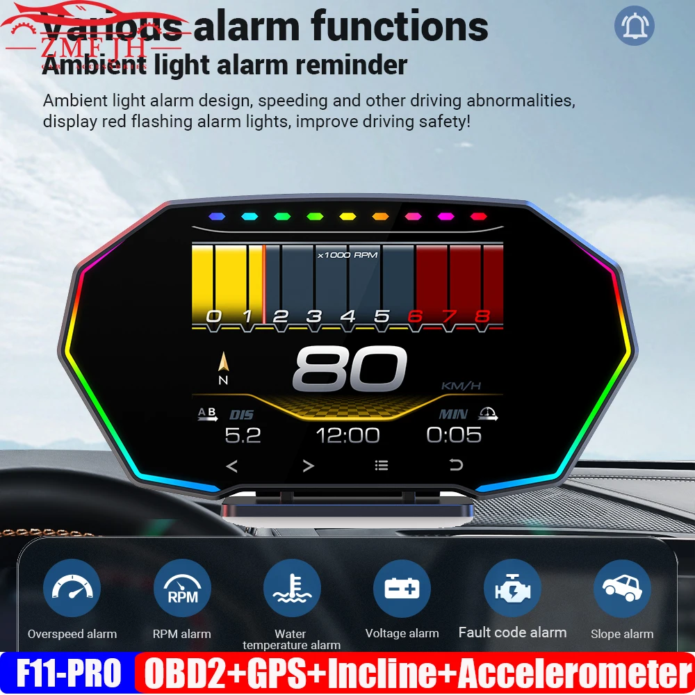 F11-PRO OBD2+GPS HUD Incline Accelerometer Head Up Display LCD Digital Meter Turbine Pressure Fuel Consumption ARF RPM Speed