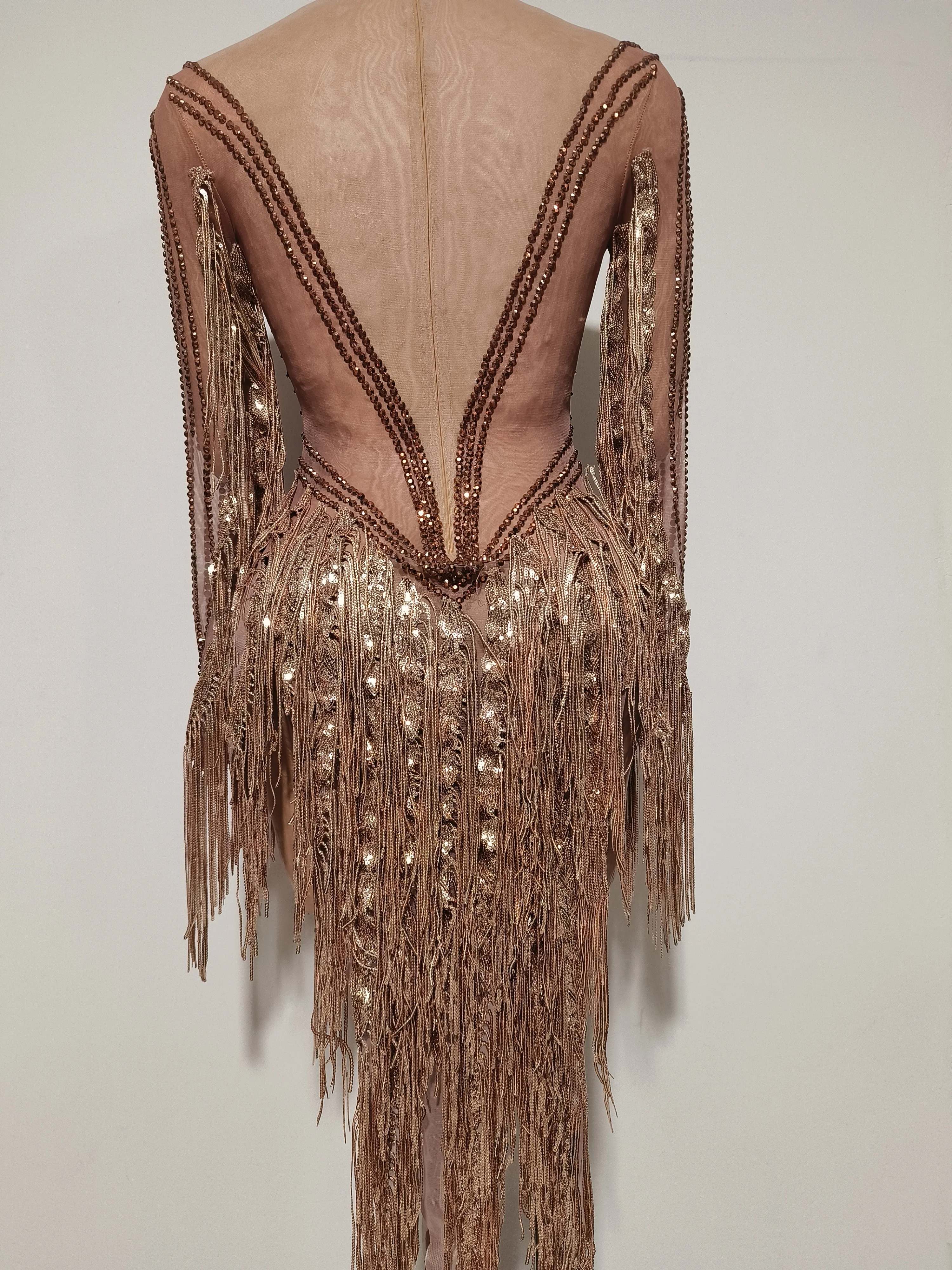 سباركلي حجر الراين الترتر شرابة مثير شبكة طويلة الأكمام فستان شفاف المرأة مساء حفلة عيد ميلاد ملهى ليلي المغني المرحلة الزي #2