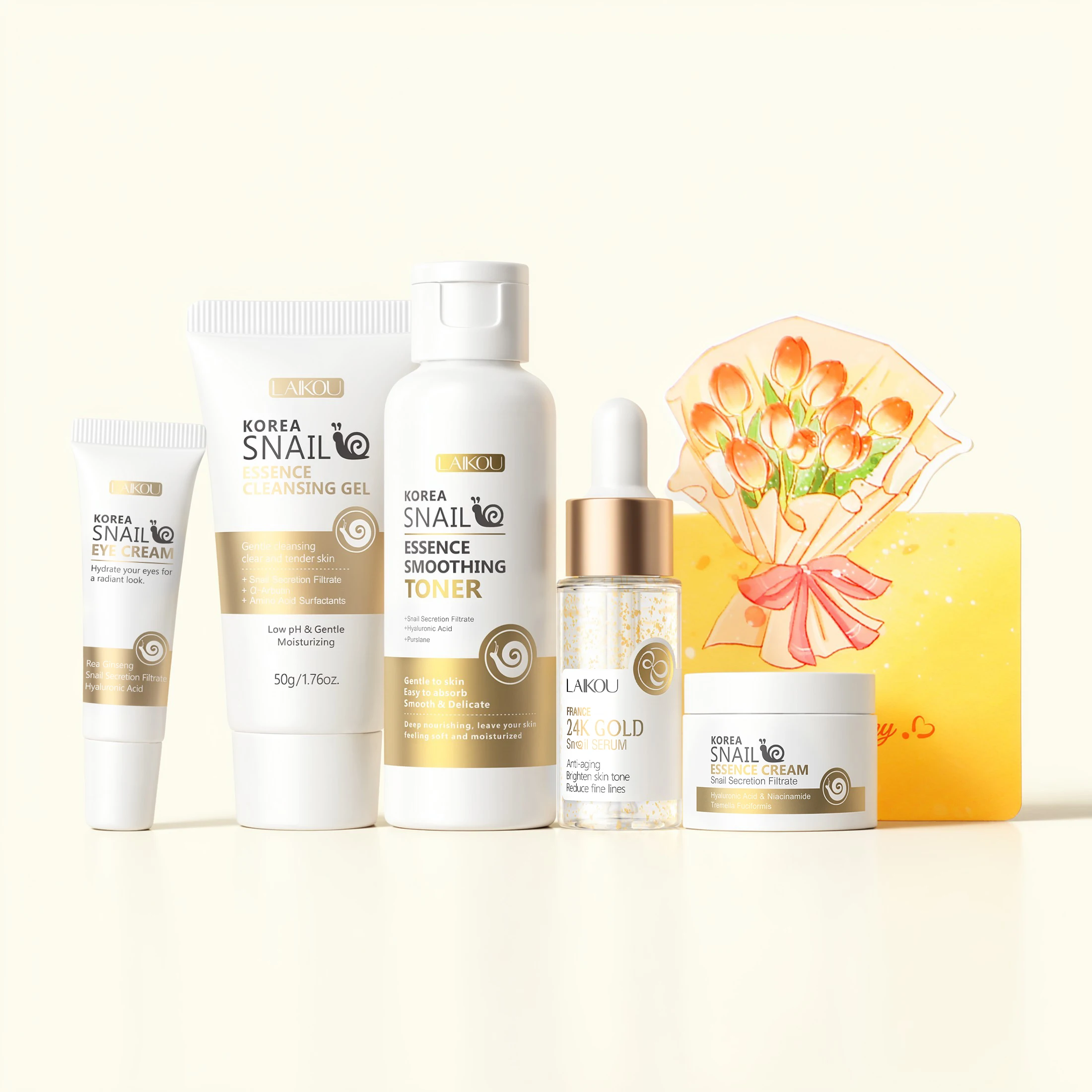 LAIKOU Snail Skincare Set Cleanser Toner Eye Cream 24K Gold Serum Face Cream Nourishing Repair Facial Kit Holiday Gift Package