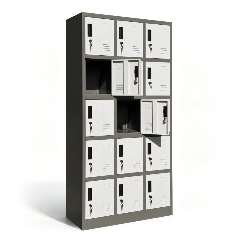 15 Door Steel Locker With Ventilation Holes Key Lock Staff Gym Metal Clothes Storage Locker Cabinet for Factory School Warehouse