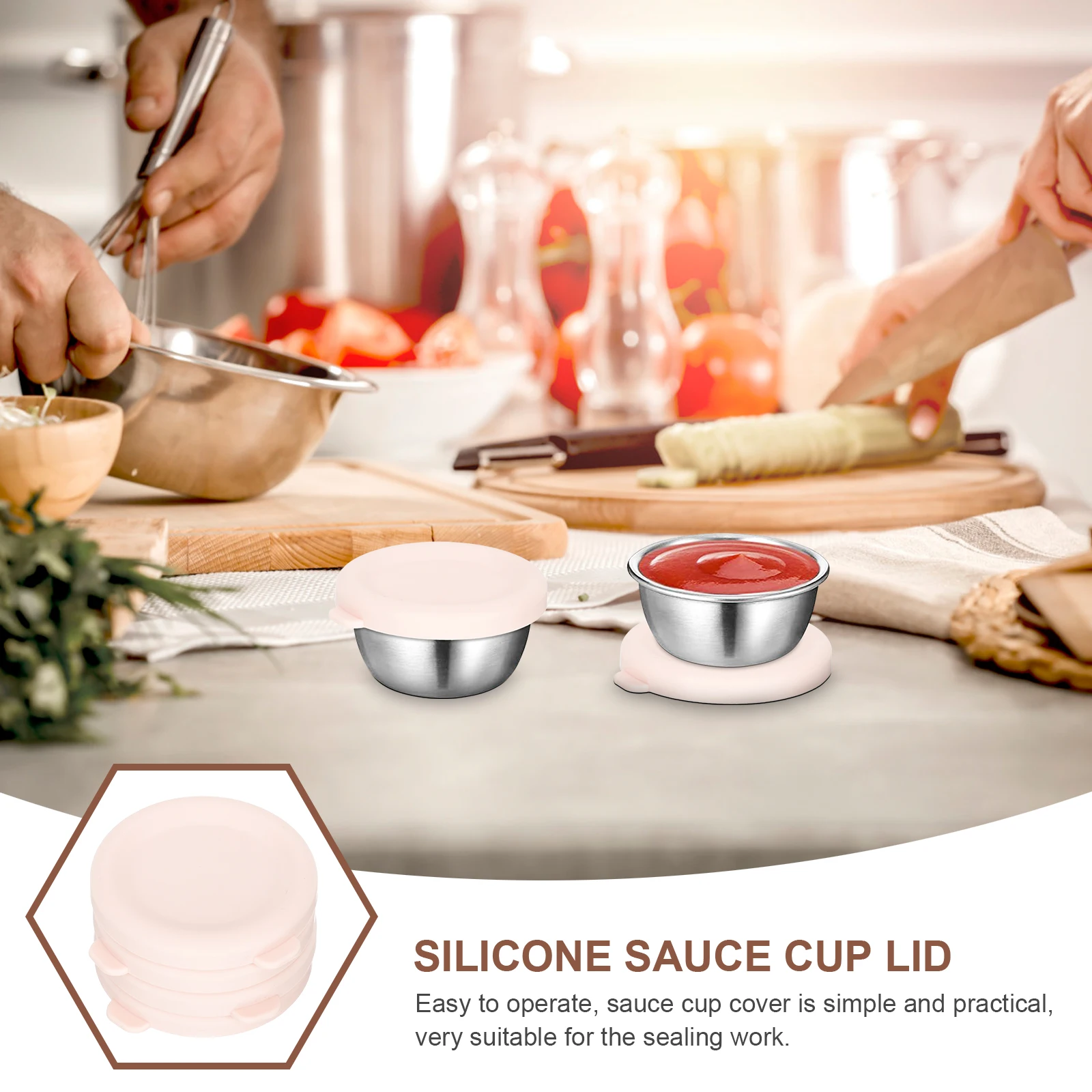 

4Pcs Reusable Silicone Sauce Cups Lids for Stainless Steel Dipping Bowls Kitchen Condiment Dishes Leak Proof Seasoning Cover Set