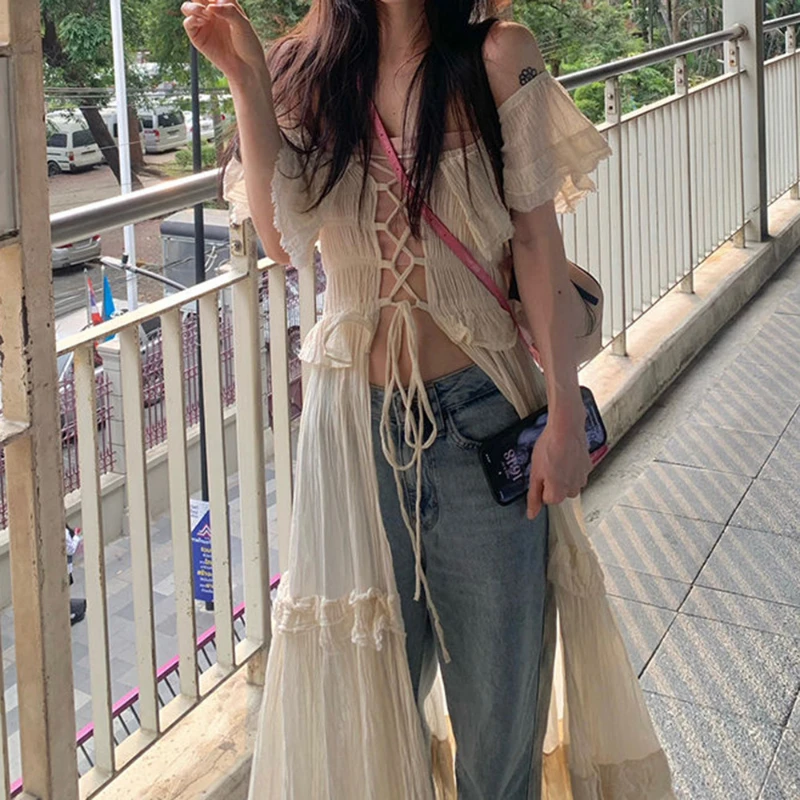 

Women's Dress with Ruffles and A Boat Neck in A Vintage Style One-shoulder Summer Lace-up Long Dresses for Women Sexy Maxi Boho