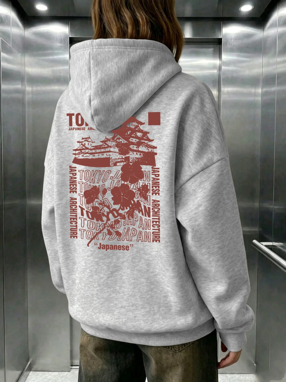 Japanische Tokyo Sakura Druck-Hoodies für Damen, Hip-Hop Loose Pullover, Trendige Sweatshirts mit Taschen, Winter Fleece Warme Damenbekleidung