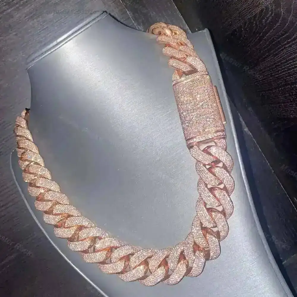Rose Gold 20mm 5 Rows Vvs Moissanite Diamonds Pass Tester Sterling Silver Miami Cuban Chain Moissanite