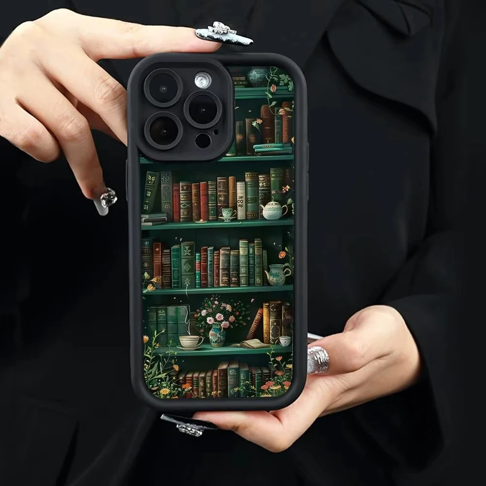 حافظة هاتف مناسبة بنمط رف الكتب الأخضر لهاتف آيفون 17 برو ماكس 16E 15 Pro 14 13 12 11 Mini AIR XS XR XS 8Plus مضادة للسقوط و