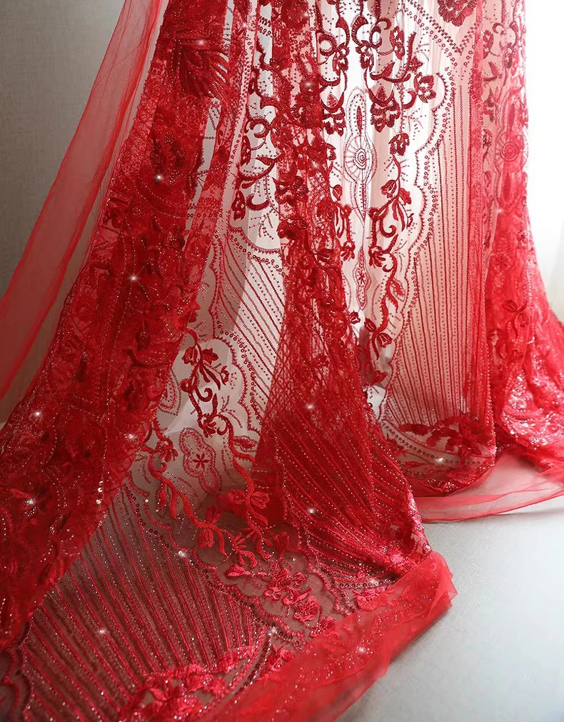 

1yard new soft mesh fabrics for clothing 3D red nail bead embroidery telas Wedding Dress cheongsam fabric