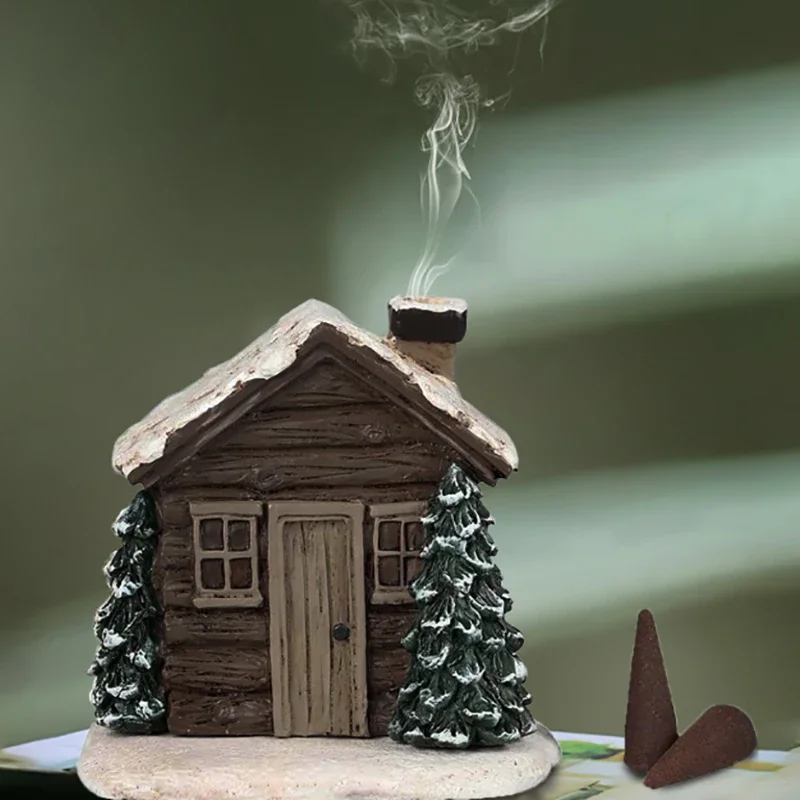Winter Wooden House Shaped Incense Burner Incense Cone Incense Room Christmas Chimney Hut Incense Cone Burner Log Cabin Burner