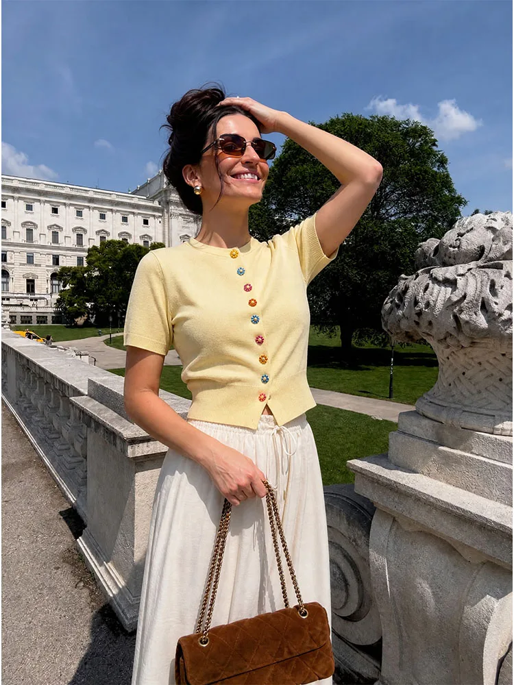 HH Preppy Style Yellow Knit Cardigan Multicolor Flower Buttons Short Sleeve Round Neck Loose Knit Top Daily Casual Vacation Wear