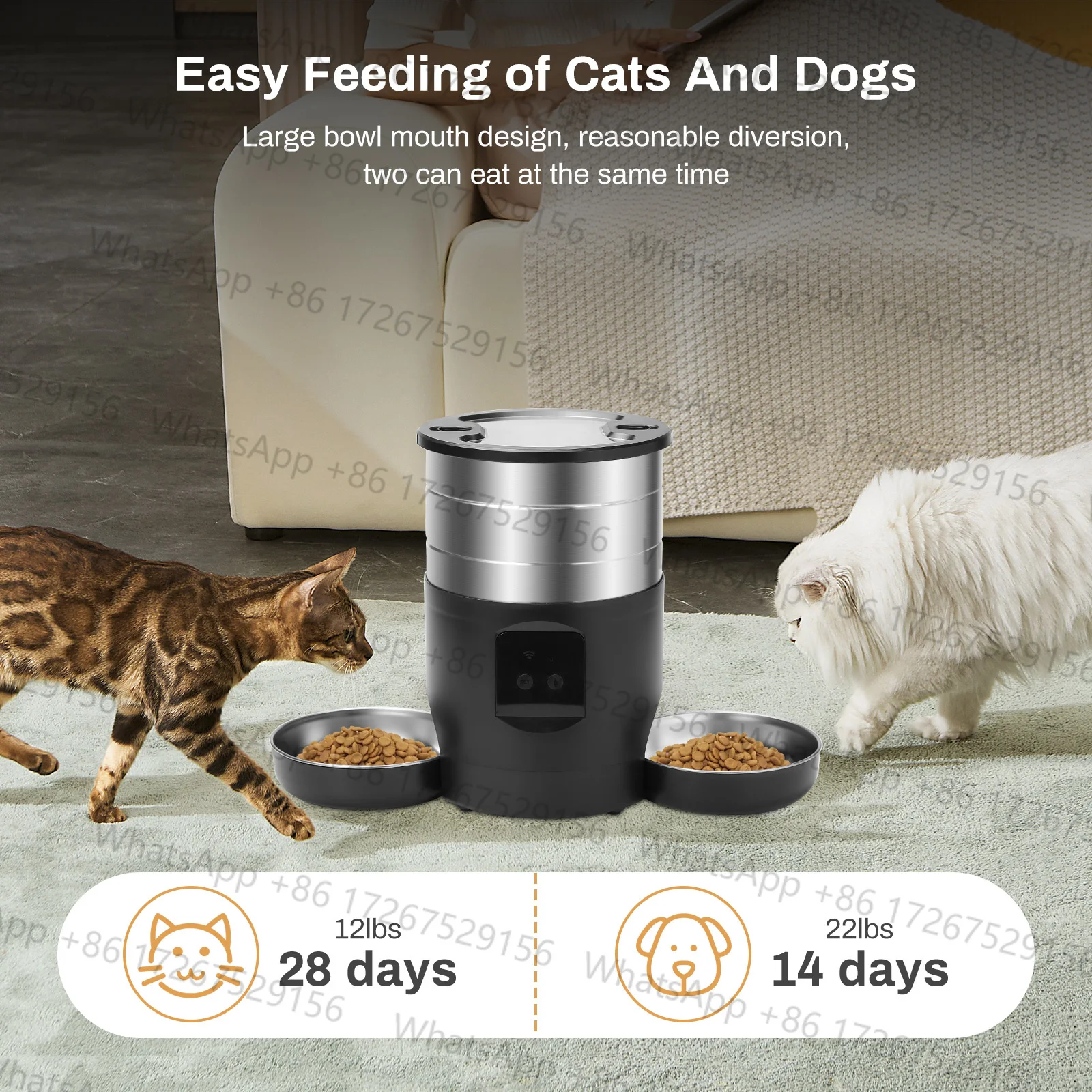Applicable to4.5L Automatic Cat Feeder With WiFi Button Smart Pet Cat/Dogs Food Dispenser Two Stainless Steel Bowls Feeder Pet S