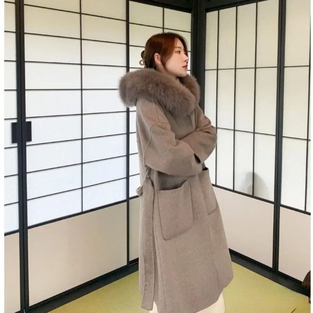 Real Fur Wool Outerwear Streetwear New Natural Fox Fur Collar Hooded Cashmere Wool Blends Coat Winter Jacket Women High Street