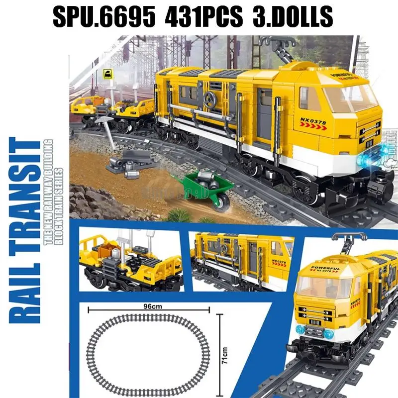 Ql0308ตุ๊กตาบล็อกตัวต่อของเล่นรางรถไฟสีเหลือง431ชิ้น