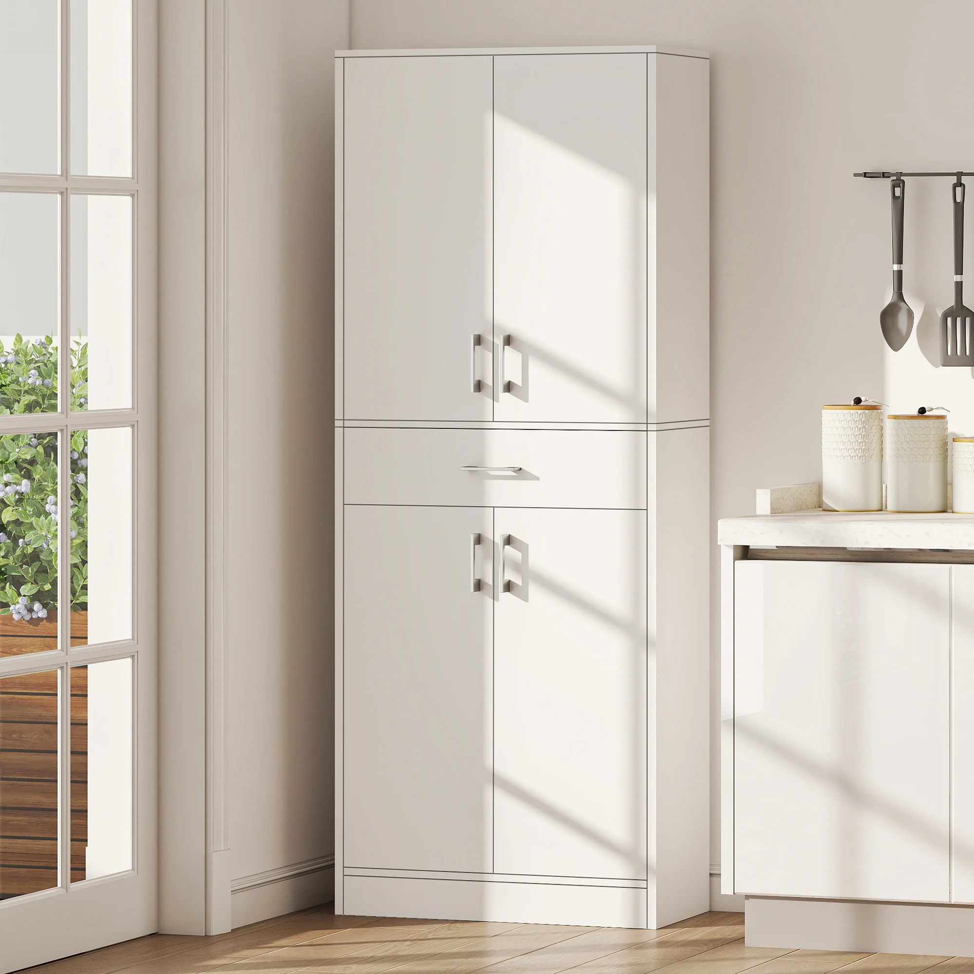 Buffet haut armoire de cuisine 4 portes 2 placards et 1 tiroir central hauteur 180 cm avec 2 étagères réglables blanc