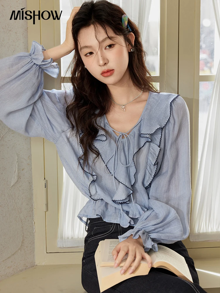 MISHOW V-neck Ruffle Edge Tied Long Sleeve Shirt for Women 2024 Autumn French Petal Cuffs Elegant Blouses Waist Tops MXD41C0309