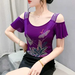 New 2026 Summer Short Sleeved Off The Shoulder Women's T-Shirt Elegant Slim Hot Drilling Mesh Tops Blusas