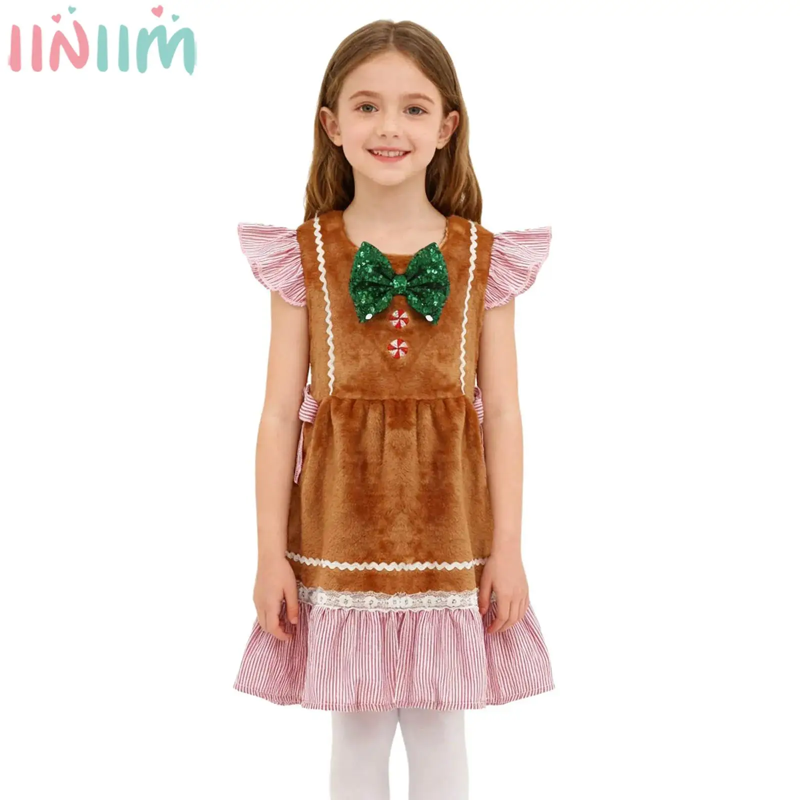 Kids Girls Christmas Gingerbread Man Cosplay Costume Flying Sleeve Sequin Bow Plush Striped Xmas New Year Birthday Party Dress