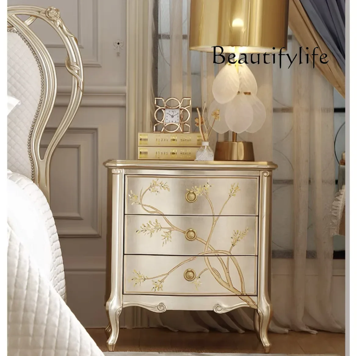 

French light luxury solid wood painted retro carved solid wood bedside table bedroom luxury European court villa bedside table