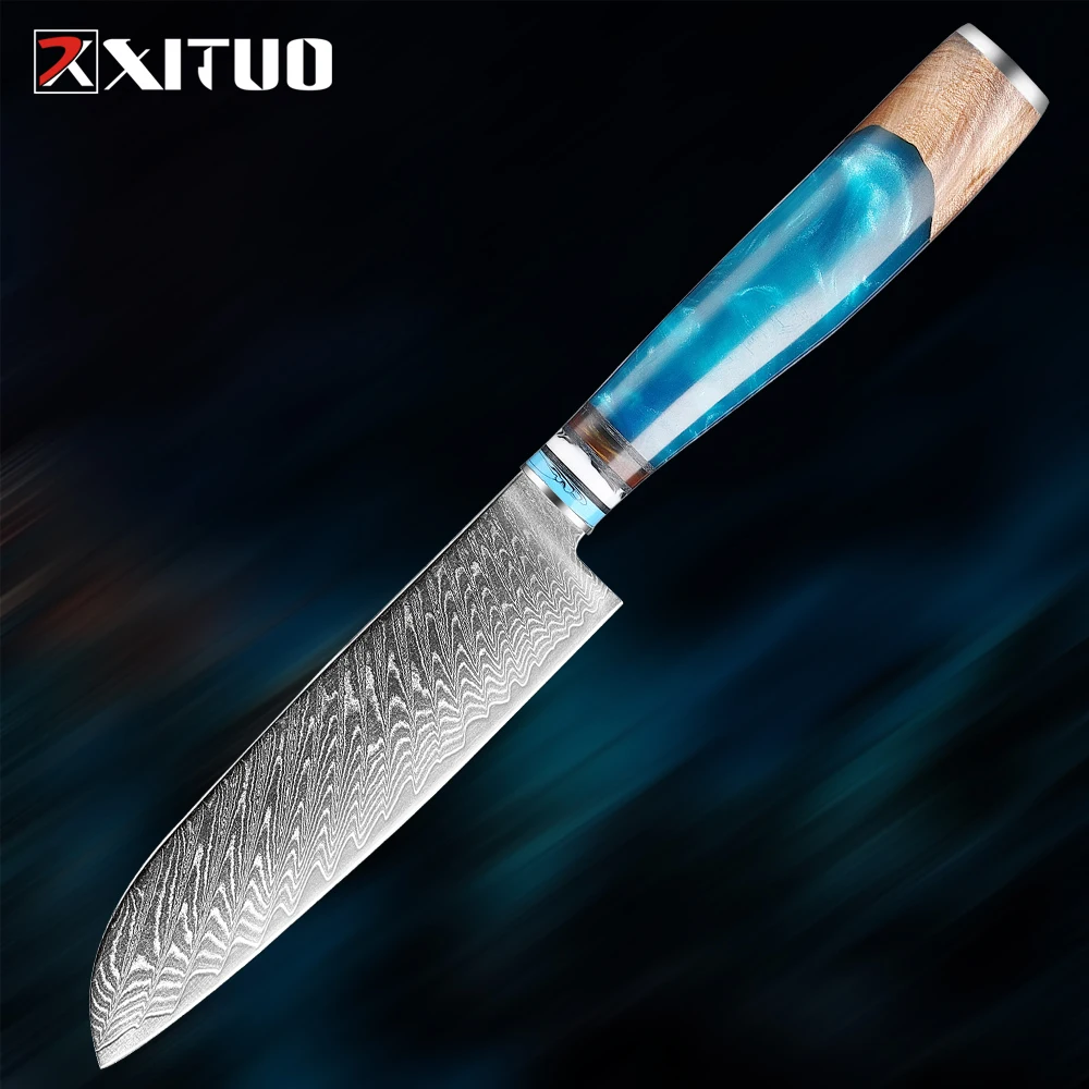 

Damascus Steel 5 Inch Santoku Knife Japanese Kitchen Knife Sharp Paring Knife Utility Knife Blue Resin & Wooden Handle