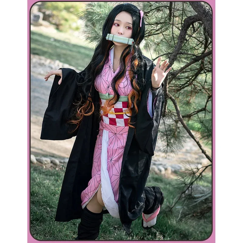 Anime Demon Slayers Cosplay Costume Kimetsu No Yaiba Kamado Nezuko Uniform Clothes Carnival Party Comic-Con Adult Kids Wig Suit