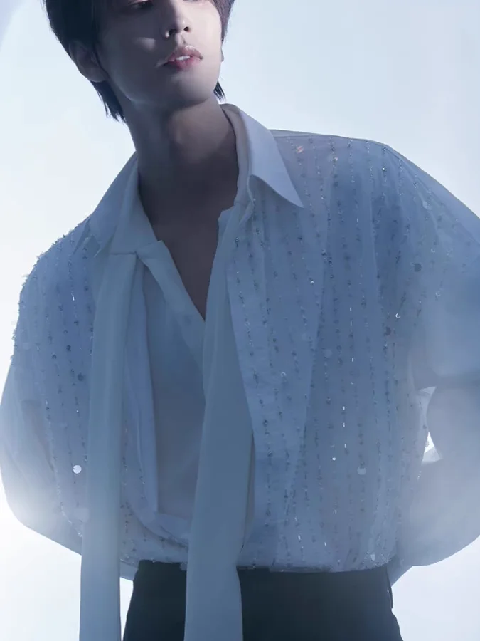 Zhang Ling He White Loose Heavy Work Sequin Chain Long Sleeve Casual Shirt Stage Style Loose Fit Polyester Youth Autumn Winter