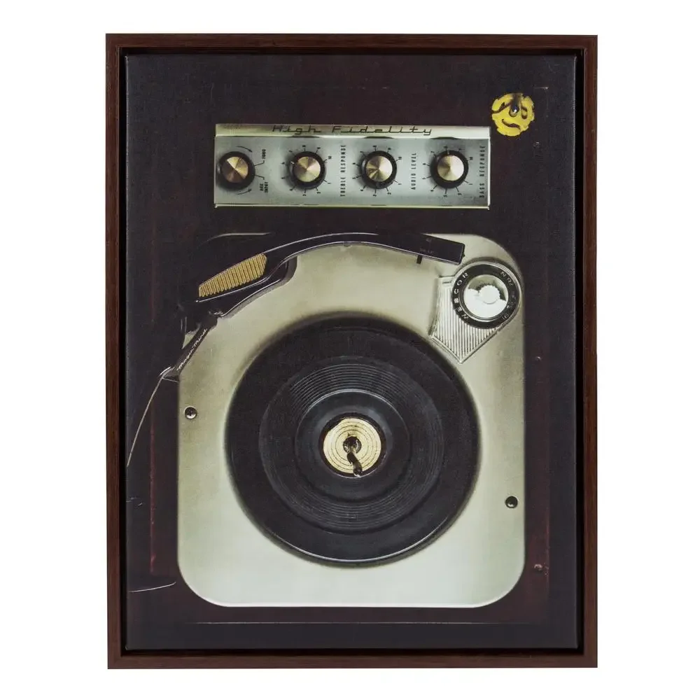 Vintage Record Player Framed Canvas Wall Art F2 Images 18x24 Walnut Brown