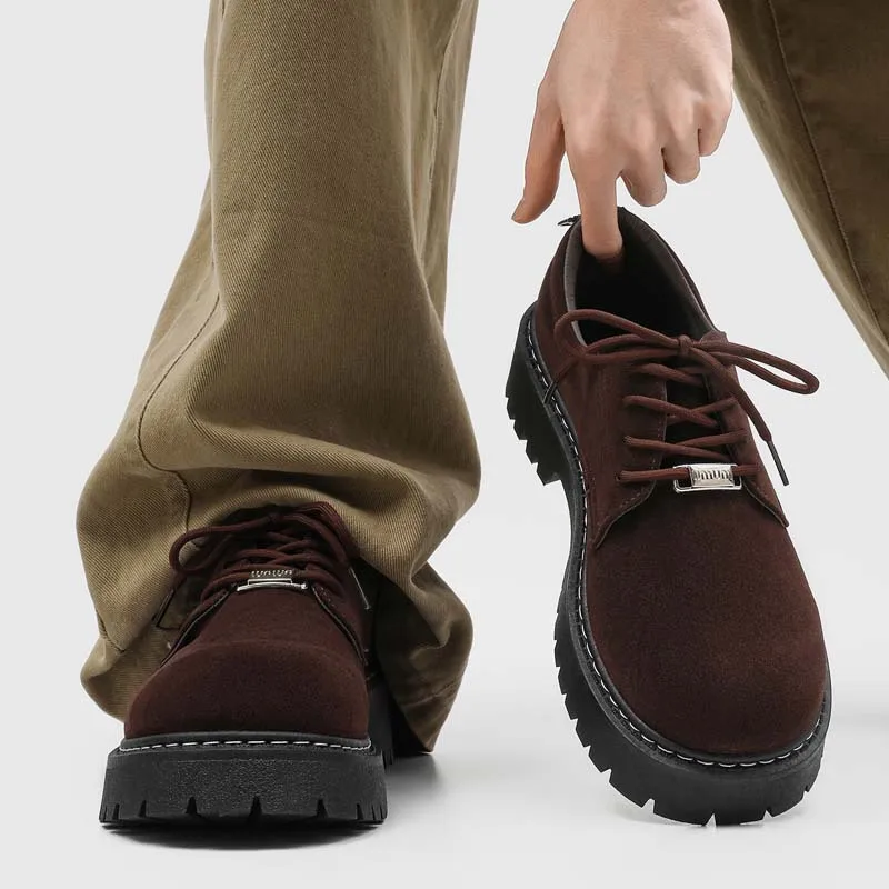 Fashion Mens Retro Chunky Derby Shoes Suede Casual Thick Sole Heightening Work Boots Non-slip Lace Up Footwear Platform Sneakers